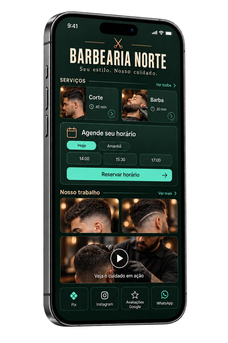 Biosite com serviços, agendamento com horários, galeria de fotos e prévia de vídeo; Pix, Instagram, Google e WhatsApp ao final